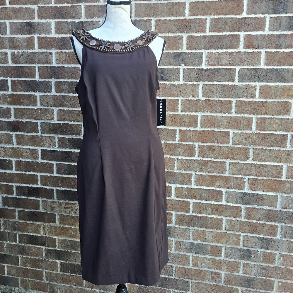 Connected Apparel Brown Midi Sheath Dress with Embellished Neckline